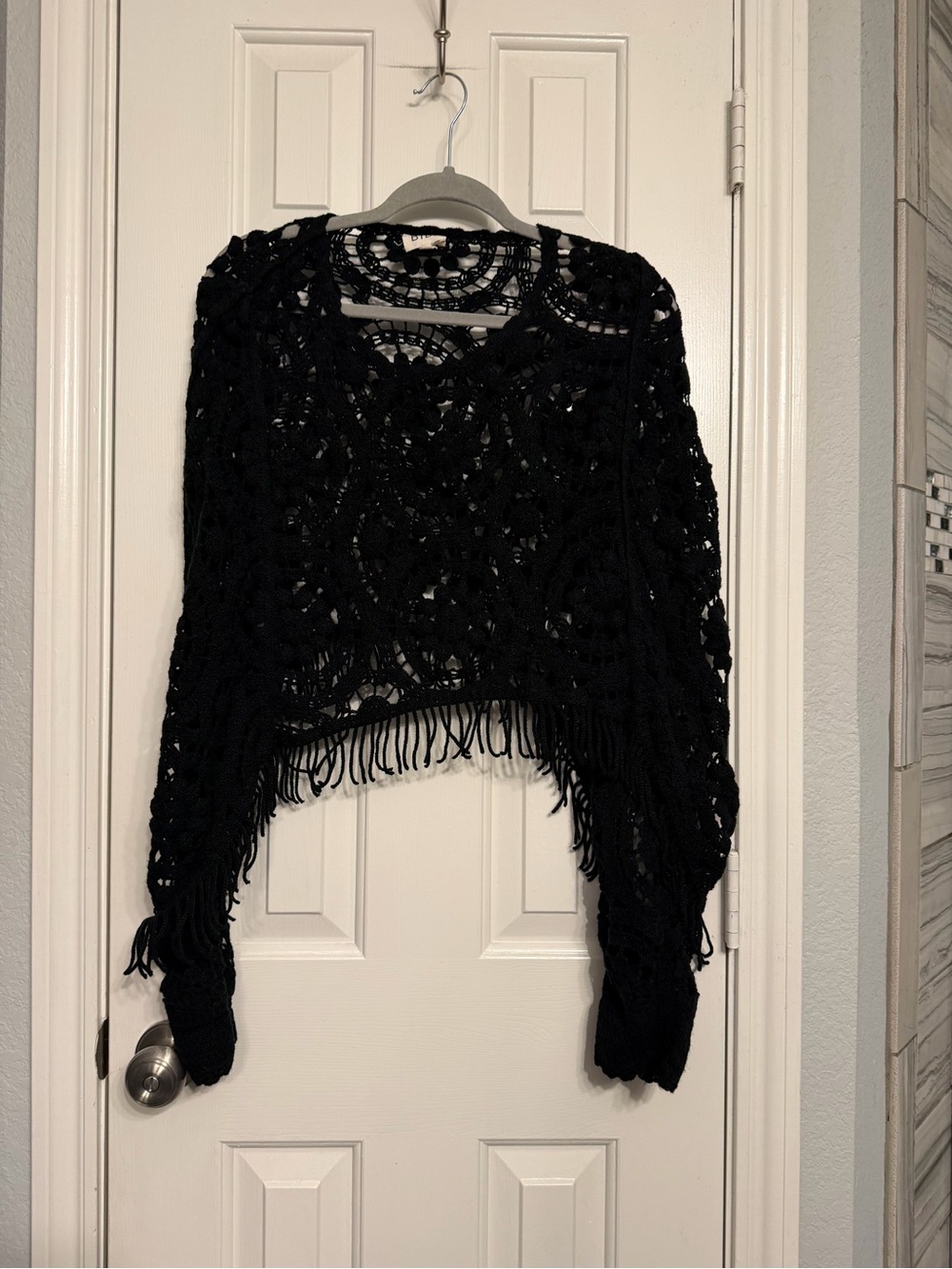 BiBi Black Crochet Fringe Poncho Sweater